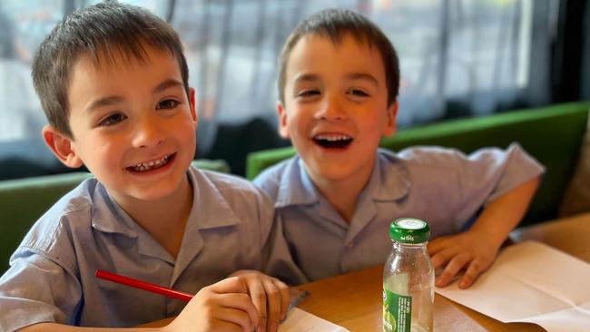 Twin brothers Noah (left) and Danny (right) Luethi, aged 8, were in the same grade prep class before being separated in grade one. It comes as new research shows there’s no, benefit to separating twins in the classroom. Picture: Supplied