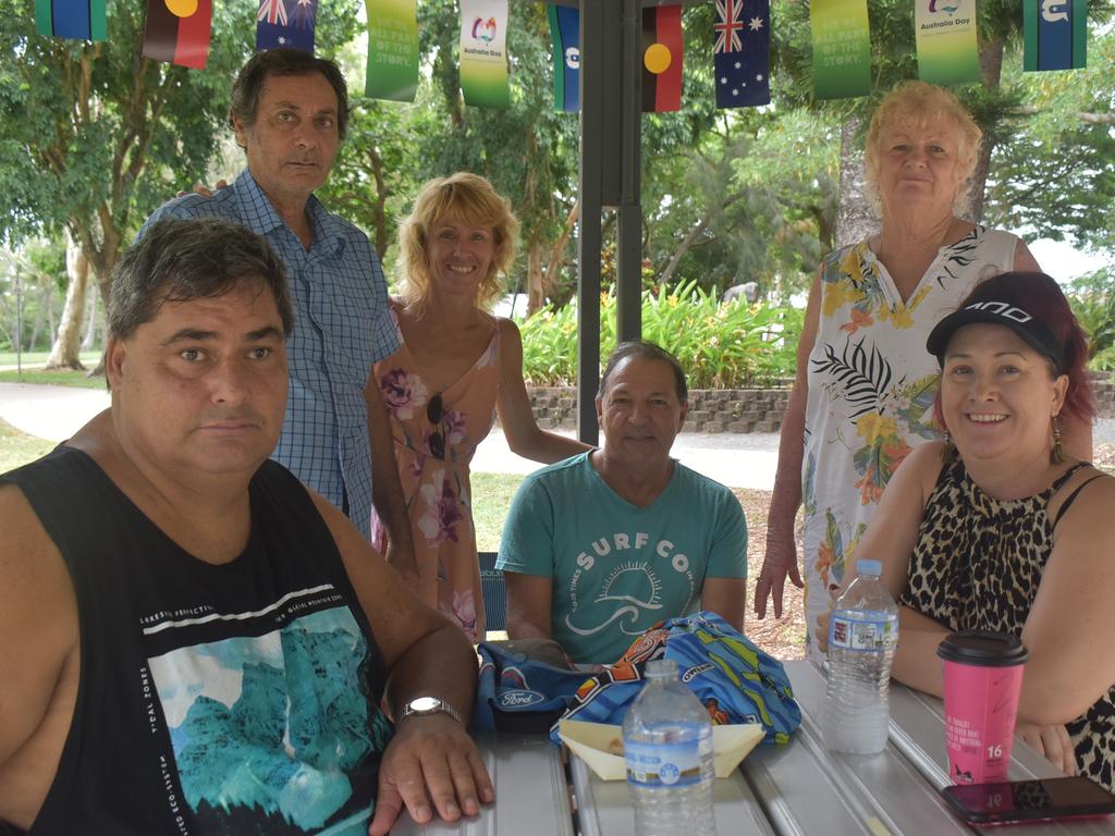 Daniel Vella, Ross Sivella, Josie Vella, Paul Aquilina, Joanne McEwen and Zwleika McEwen representing the Italian and Maltses community at the Mackay & District South Sea islander Association's 2022 Australia Day Celebrations in Quota Park. Picture: Lillian Watkins