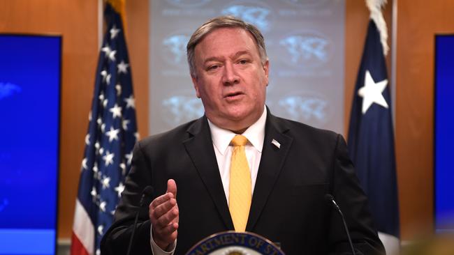 Then US secretary of state Mike Pompeo speaks at a press briefing in the State Department in Washington, DC, on February 1, 2019.