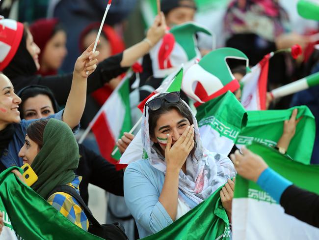 TEHRAN, IRAN - OCTOBER 10: Female football fans show their support ahead of the FIFA World Cup Qualifier match between Iran and Cambodia at Azadi Stadium on October 10, 2019 in Tehran, Iran. (Photo by Amin M. Jamali/Getty Images) *** BESTPIX ***