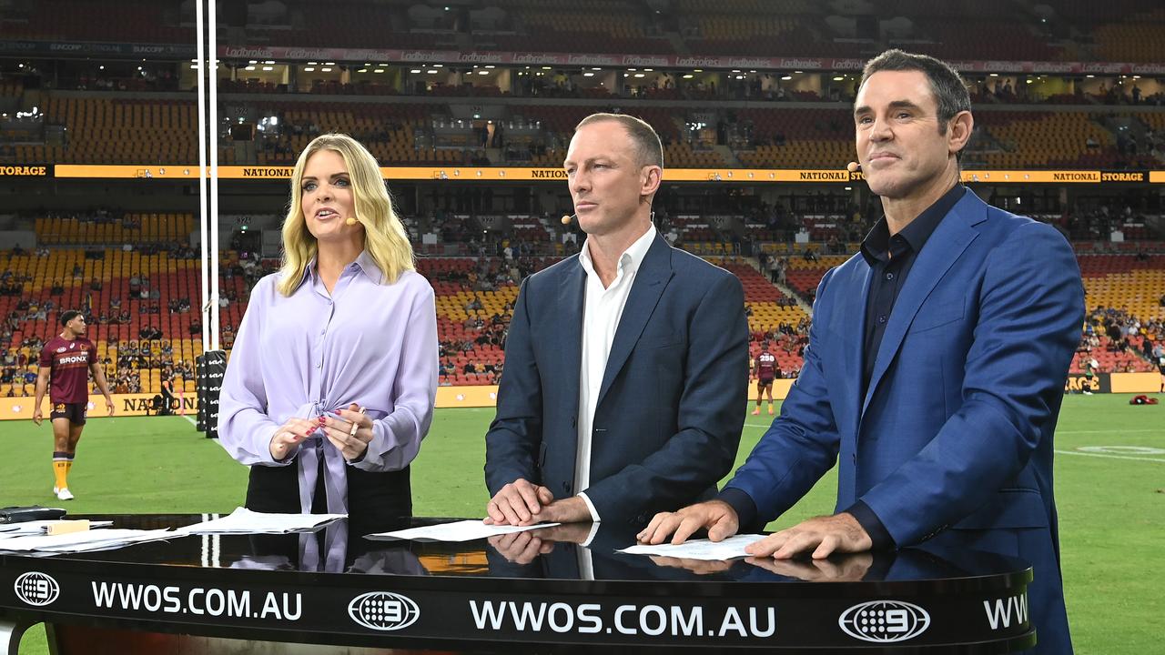 Erin Molan, Darren Lockyer and Brad Fittler present for Channel Nine (Photo by Bradley Kanaris/Getty Images)