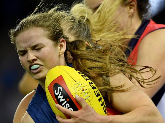 Katie Brennan tackles Reni Hicks during the Darebin Falcons v Diamond Creek VFL Women's Grand Final at Etihad Stadium in Docklands, Sunday, Sept. 24, 2017. (Picture/Andy Brownbill