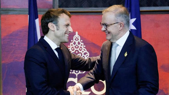 France's President Emmanuel Macron (left) meets Australia's Prime Minister Anthony Albanese on the sidelines of the G20 Summit in Bali earlier this month. Picture: AFP