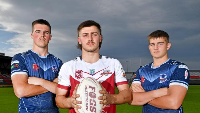 Redcliffe state high school league players Jak Goulding, front, Matt Bennett and Jack Cameron. Pic John Gass