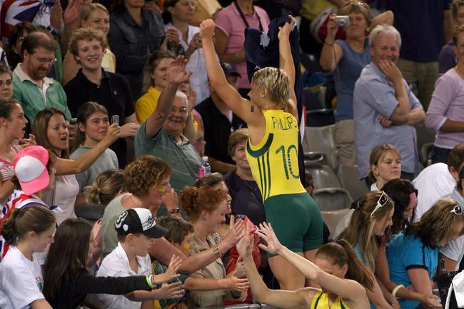 Melbourne 2006 Commonwealth Games Day 8 - Erin Phillips celebrates Australia’s win over New Zealand with the crowd.