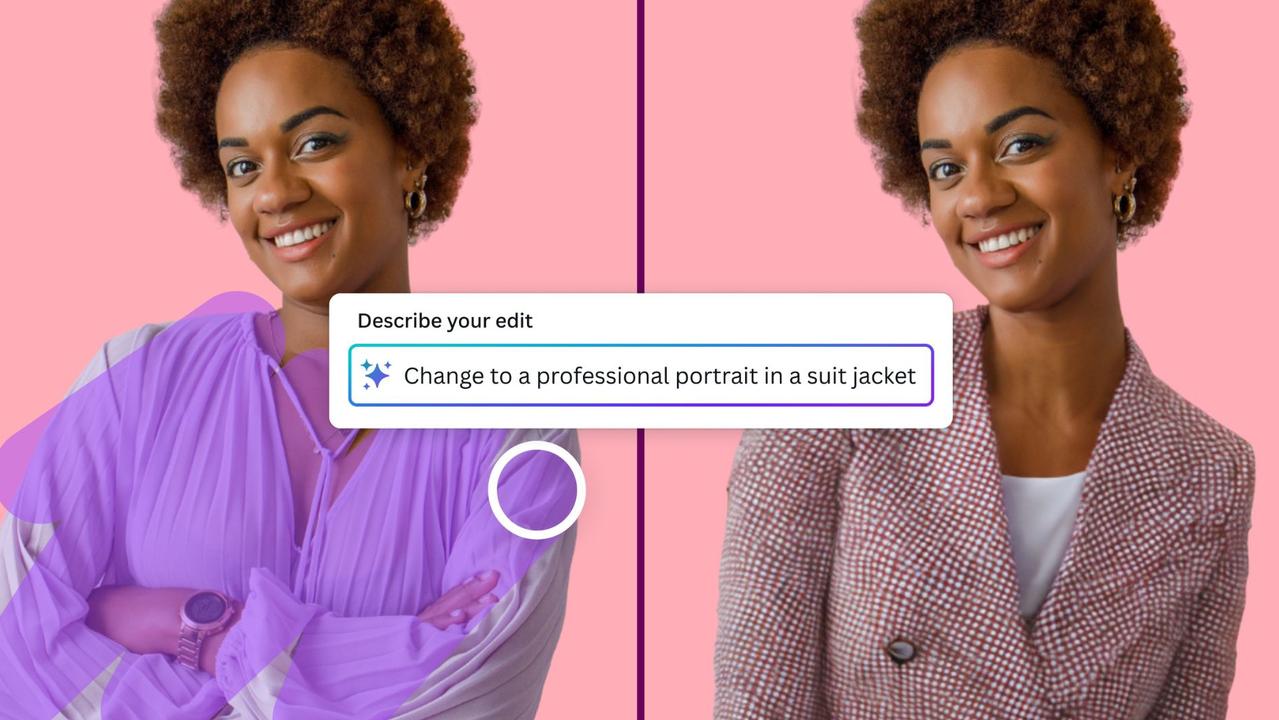 Using Canva’s new AI features to change a person’s clothing.