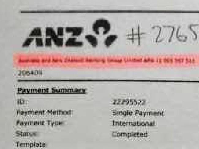 REDACTED VERSION - ANZ Payment Detail Report showing payment of $69,000 from TCN Channel Nine Pty Ltd to Adam Whittington for Investigation Into My Missing Child. Picture: Supplied