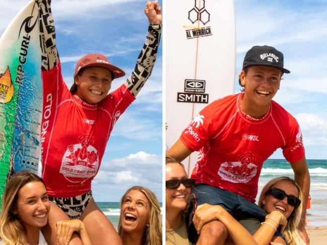 Isla Huppatz and Lennix Smith after winning the 2023 Gold Coast Open at Burleigh Heads. Photo: WSL/Callister