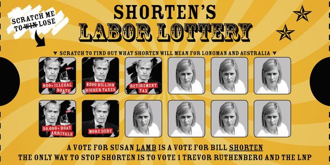 The scratchie being distributed by the LNP in Longman