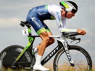  FLORENCE, ITALY - SEPTEMBER 23: Damien Howson of Australia stands on the podium after winning the Men Under 23 Time Trial du...