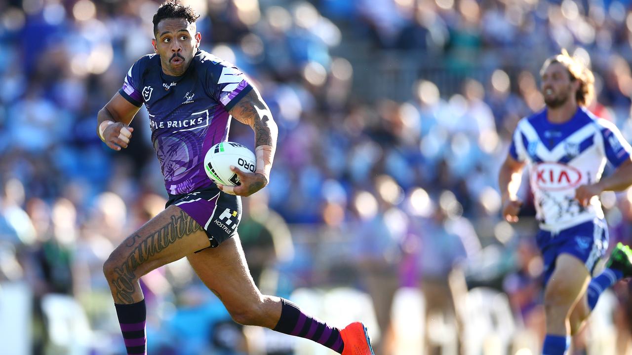 Josh Addo-Carr brought up 50 tries for the Storm with his double in their win over the Bulldogs.