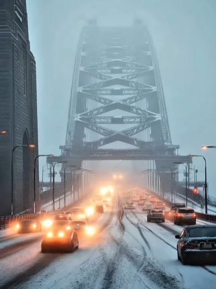 A frosty Sydney harbour Bridge imagined by an AI artist. Picture: Unwritten Stories,, Source: Instgram