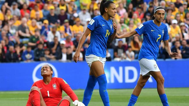 Brazil players react during their loss to Australia. Picture: AFP