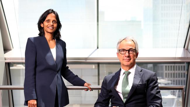 Macquarie's chief executive Shemara Wikramanayake with predecessor Nicholas Moore. Picture: James Croucher