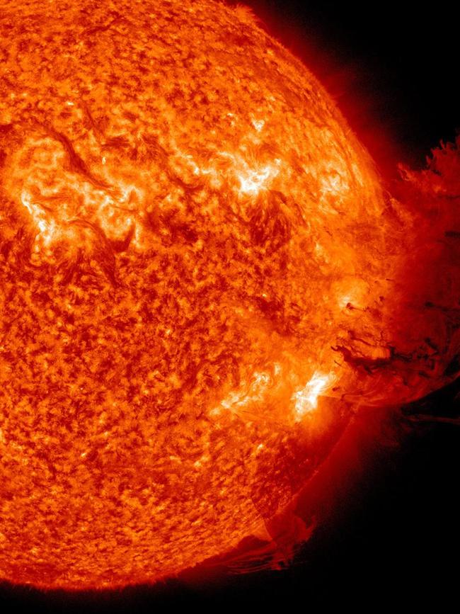 This NASA image shows the Sun unleashing a medium-sized solar flare, a minor radiation storm and a spectacular coronal mass ejection on in 2011.