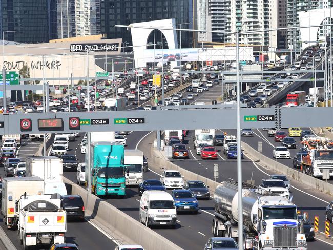 New laws that would extend CityLink tolls for a decade to help pay for the $6.7 billion West Gate Tunnel are set to be introduced to State Parliament this week. Peak hour congestion on the Westgate Freeway city bound.  Picture: David Caird