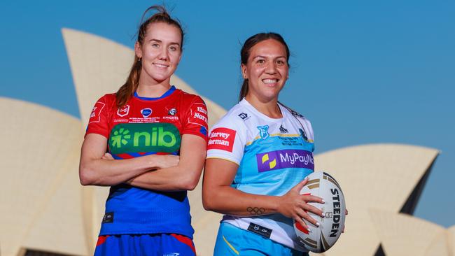 Weekend Telegraph. 29, September, 2023.Newcastle Knights, Tamika Upton and Gold Coast Titans, Evania Pelite, at the NRL Fan Fest, at The Overseas Passenger Terminal, Circular Quay, today.Picture: Justin Lloyd.