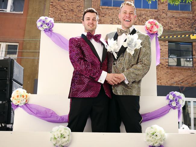 Stuart Henshall and James Brechney will be getting married on their float at the Sydney Mardi Gras. Picture: Sam Ruttyn