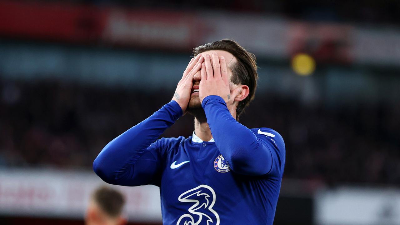 LONDON, ENGLAND - MAY 02: Ben Chilwell of Chelsea looks dejected after Martin Odegaard of Arsenal (not pictured) scores the team's first goal during the Premier League match between Arsenal FC and Chelsea FC at Emirates Stadium on May 02, 2023 in London, England. (Photo by Alex Pantling/Getty Images)