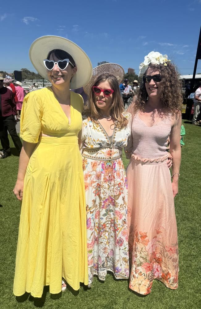 Michelle Thomas, Sherri Hill and Michaela Laing at the Melbourne Cup at Flemington Racecourse on November 5, 2024. Picture: Phillippa Butt