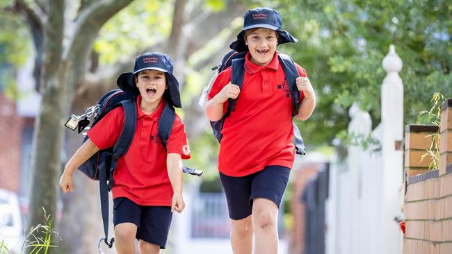 Leo and Max Picinich are excited about returning to school as lockdown restrictions ease. Picture: Jake Nowakowski