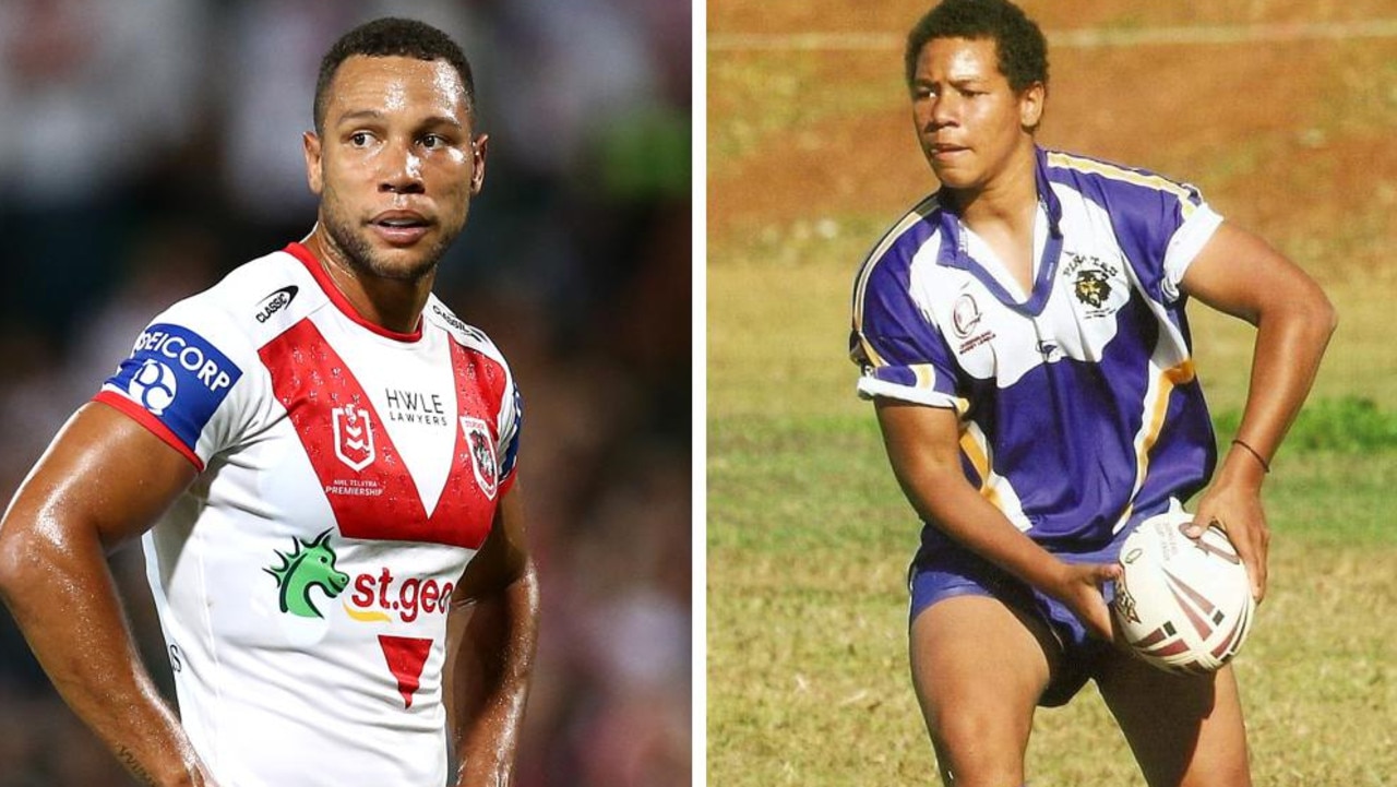 Moses Mbye representing the St. George Illawarra Dragons (left) and the Noosa Pirates as a junior. Picture: Jason McCawley/Getty Images.