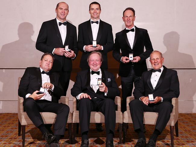 Inductees David Neitz, Matthew Scarlett, Terry Wallace, Wayne Johnston, Kevin Sheedy and Mel Whinnen at the Australian Football Hall of Fame in 2018.