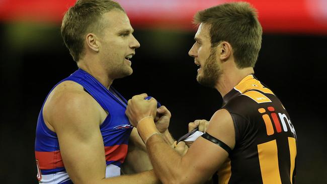 Jake Stringer and Grant Birchall have a conversation. Picture: Wayne Ludbey