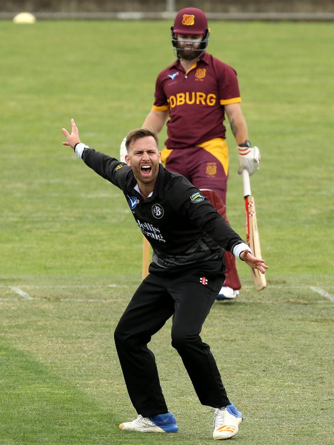 VSDCA: Matt Doric Brunswick wants Aaron Shellie’s wicket. Picture: Stuart Milligan