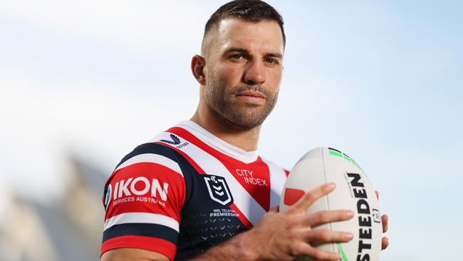 SYDNEY, AUSTRALIA - SEPTEMBER 09: James Tedesco of the Sydney Roosters poses during the 2024 NRL Telstra Premiership Finals Series Launch at Hickson Reserve on September 09, 2024 in Sydney, Australia. (Photo by Mark Metcalfe/Getty Images)