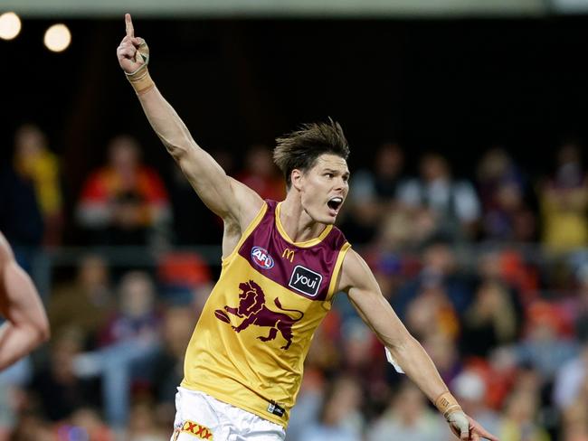 GOLD COAST, AUSTRALIA – JULY 27: Eric Hipwood of the Lions celebrates a goal during the 2024 AFL Round 20 match between the Gold Coast SUNS and the Brisbane Lions at People First Stadium on July 27, 2024 in Gold Coast, Australia. (Photo by Russell Freeman/AFL Photos via Getty Images)