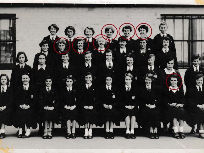 Woodville High School, 1952. Wendy Hoise (nee Whitmarsh), Margaret Richards (nee Thomson) and Trish Turner (nee Gurner). Back row - numbers 4, 5, 6 are Elaine Leach (nee Hastings), Shirley Furniss (nee Stevens) and Judy Orr (nee Savage)