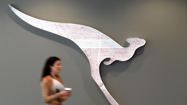 Qantas’s logo at its headquarters, which will remain in Sydney. Picture: AFP