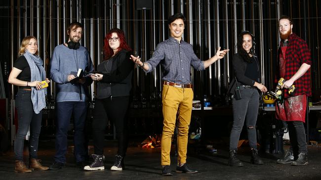 NIDA students from left, designer Gabrielle Rowe, sound designer Justin Ellis, lighting designer Ellen Castles, graduate and actor Remy Hii, production stage manager Imogen Bouchier and props manager Jack Pope Picture: John Appleyard.