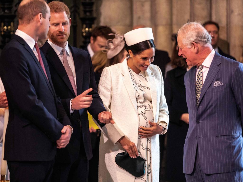 Britain's Meghan, Duchess of Sussex (2R) talks with Britain's Prince Charles, Prince of Wales (R) as Britain's Prince William, Duke of Cambridge, (L) talks with Britain's Prince Harry, Duke of Sussex in 2019.