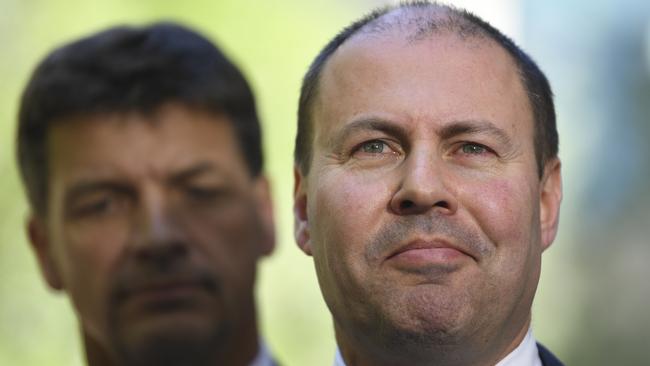 Treasurer Josh Frydenberg, right, with Energy Minister Angus Taylor, in Canberra. Pic: AAP