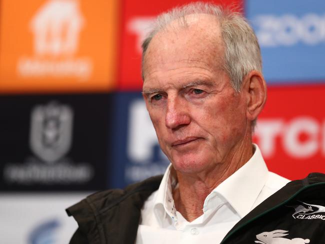 BRISBANE, AUSTRALIA - AUGUST 27: Rabbitohs Head Coach Wayne Bennett speaks to media during the round 24 NRL match between the Sydney Roosters and the South Sydney Rabbitohs at Suncorp Stadium, on August 27, 2021, in Brisbane, Australia. (Photo by Chris Hyde/Getty Images)