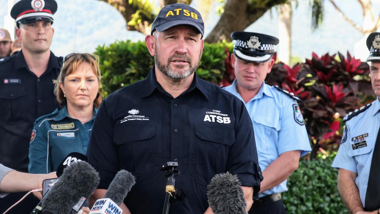 Australian Transport Safety Bureau chief commissioner Angus Mitchell addresses the media about the investigation into a helicopter crash in Cairns. Picture: Brendan Radke