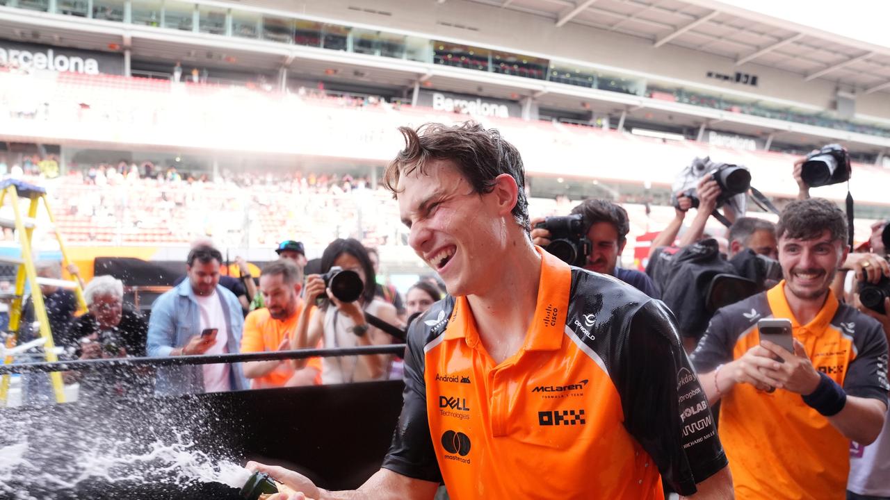 McLaren's Oscar Piastri celebrates with the team after his Grand Prix win in Spain. Picture: Bradley Collyer/PA Images via Getty Images
