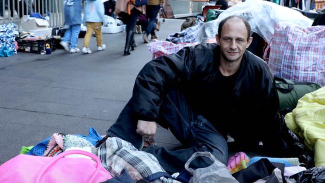 Adam Armstrong has been temporarily housed at the Ibis Hotel but has come back to the Martin Place camp for company. Picture Chris Pavlich