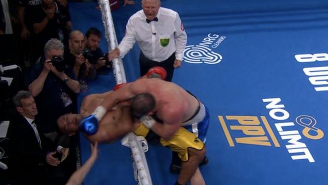 Paul Gallen's hit on Justin Hodges. Photo: Main Event.