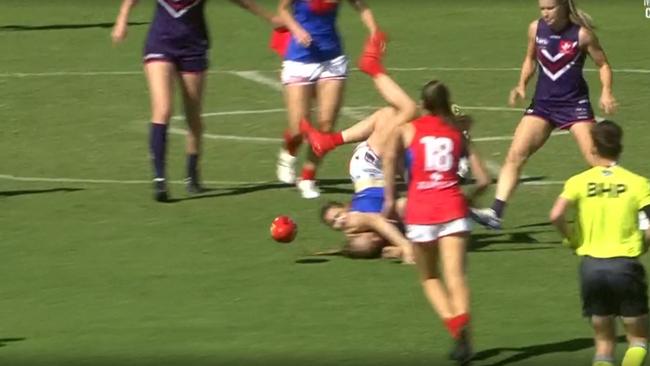 Kiara Bowers is free to play after this tackle. Picture: Fox Sports