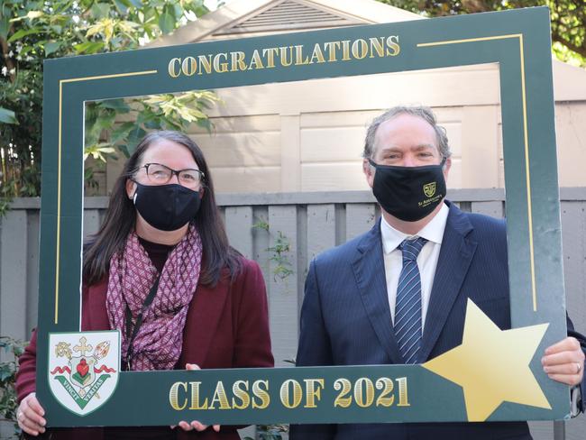 Deputy Principal (Students) Kate Earle and Principal Jonathan Byrne had to farewell Year 12 students in the HSC Class of 2021 at a special graduation breakfast. Picture: St Augustine's College, Brookvale