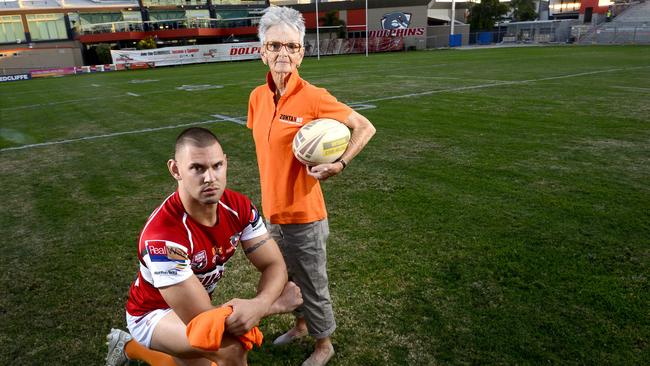 Sammy Hunt from the Zonta Club of Redcliffe with Dolphins player, Curtis Johnstone. Picture: Bradley Cooper