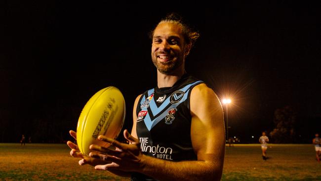 Blackfriars Old Scholars footballer Matt Brincat has overcome adversity with two knee reconstructions to be the only player in the Adelaide Footy League to have played all nine games and been in the best players each game. Picture: Morgan Sette