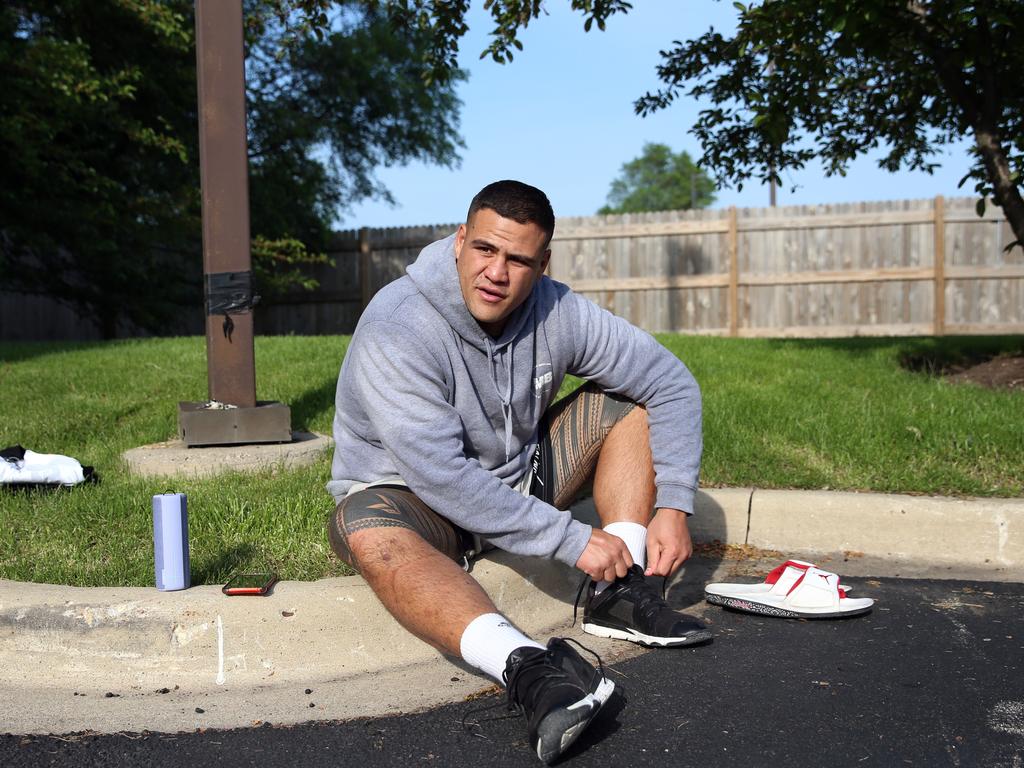 A day in the life of heavyweight UFC fighter Tai Tuivasa before he fights in UFC 225 on the weekend in Chicago, USA. Tai training in the car park of his hotel 90mins out of town. The former Roosters Under 20s star turned his back on rugby league to persue a career in the cage. Picture: Sam Ruttyn