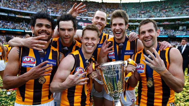 Hawthorn’s four-time premiership players (from left) Cyril Rioli, Jordan Lewis, Sam Mitchell, Jarryd Roughead, Grant Birchall and Luke Hodge. Picture: Wayne Ludbey