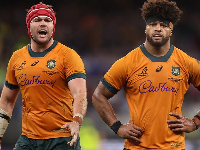 PERTH, AUSTRALIA - AUGUST 17: Harry Wilson and Rob Valetini of the Wallabies look on during The Rugby Championship match between Australia Wallabies and South Africa Springboks at Optus Stadium on August 17, 2024 in Perth, Australia. (Photo by Paul Kane/Getty Images)