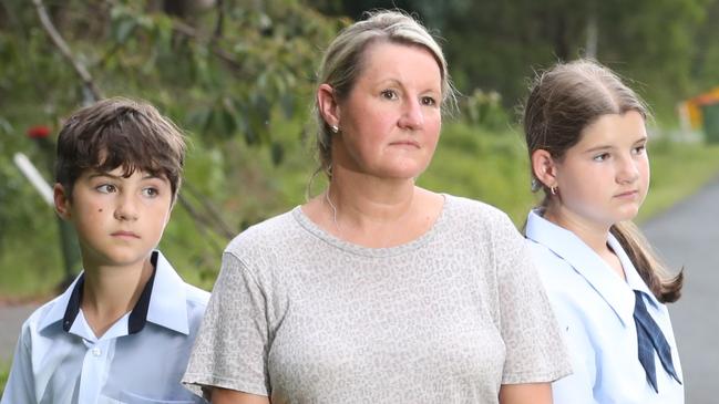 Jen Gyles and children Angus and Sophia 12, at their Tallebudgera Valley home, faced with paying high fees for children to use school bus after change to state government subsidies. Picture Glenn Hampson