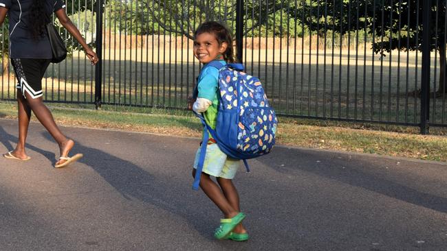 Ludmilla Primary School student Gordon May on his way to class. Picture: Sierra Haigh